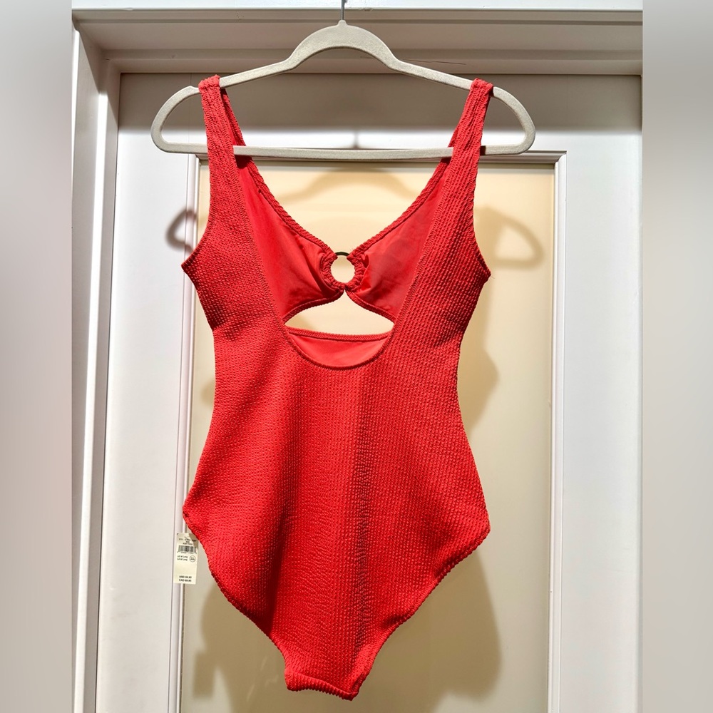 Aerie Textured One Piece Swimsuit Coral Orange Cutout Ring UPF 50 NWT M Long - Picture 5 of 14